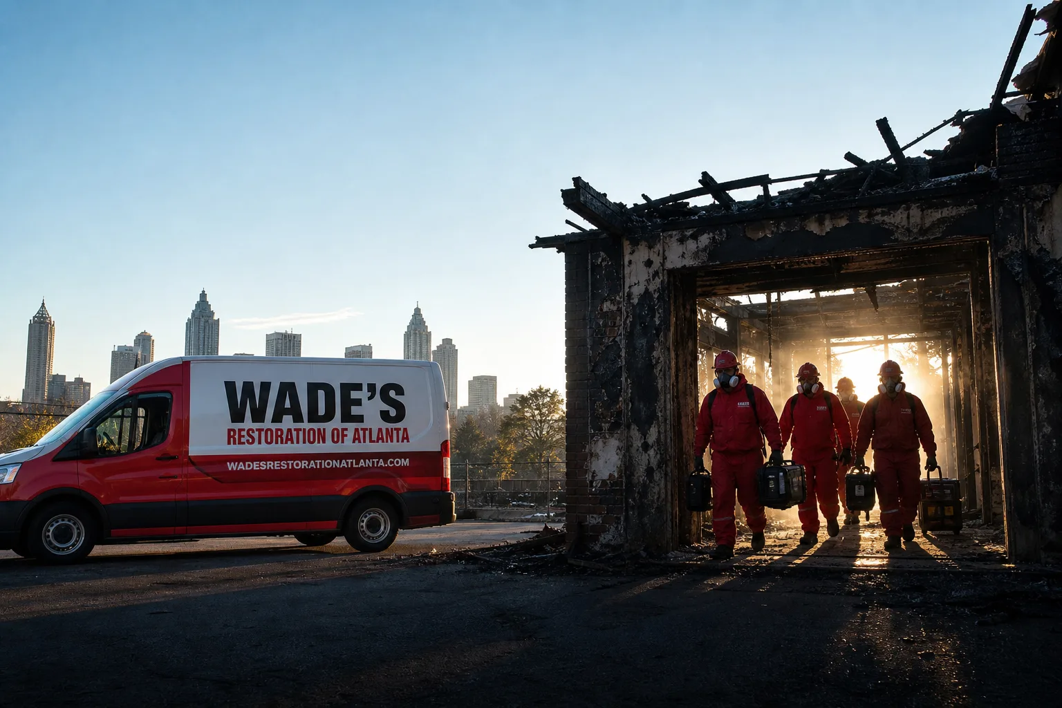 Wade's Restoration of Atlanta damage restoration service vehicle and crew in Atlanta, GA
